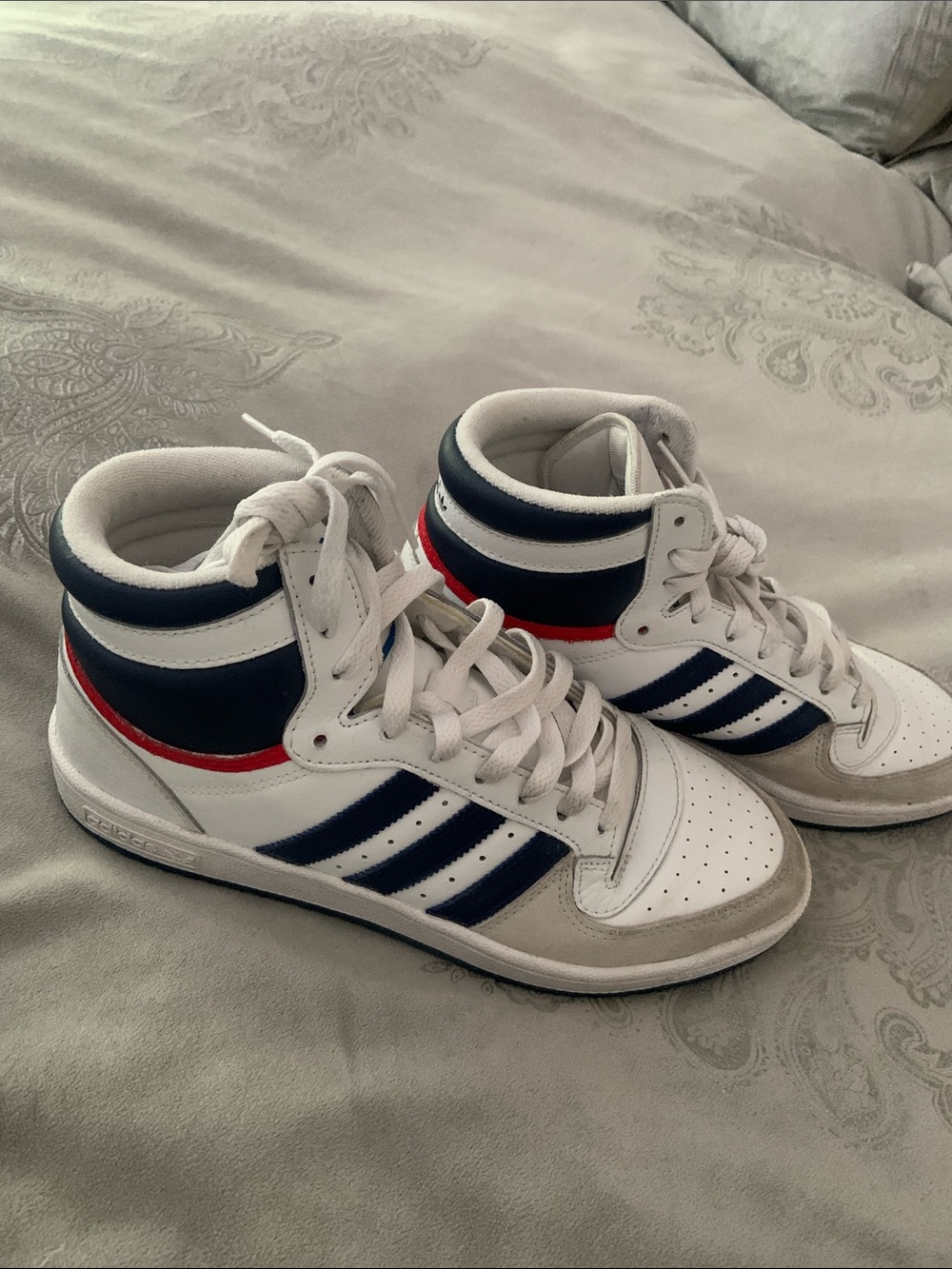 adidas White High-Top Sneakers with Navy Stripes and Red Trim